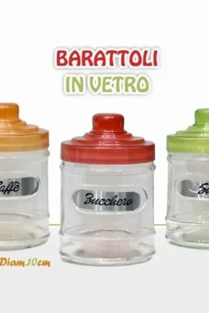 Trade Shop - Tris Barattoli 3 Contenitori Caffè Zucchero Sale Vetro Tappo Colorato - Nuovo Arrivo