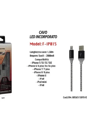 Trade Shop - Cavo Ricarica Led Incorporato Per Iphone Ipad Ipod 5volt-2000ma Maxtech F-ip015 - Consegna Rapida