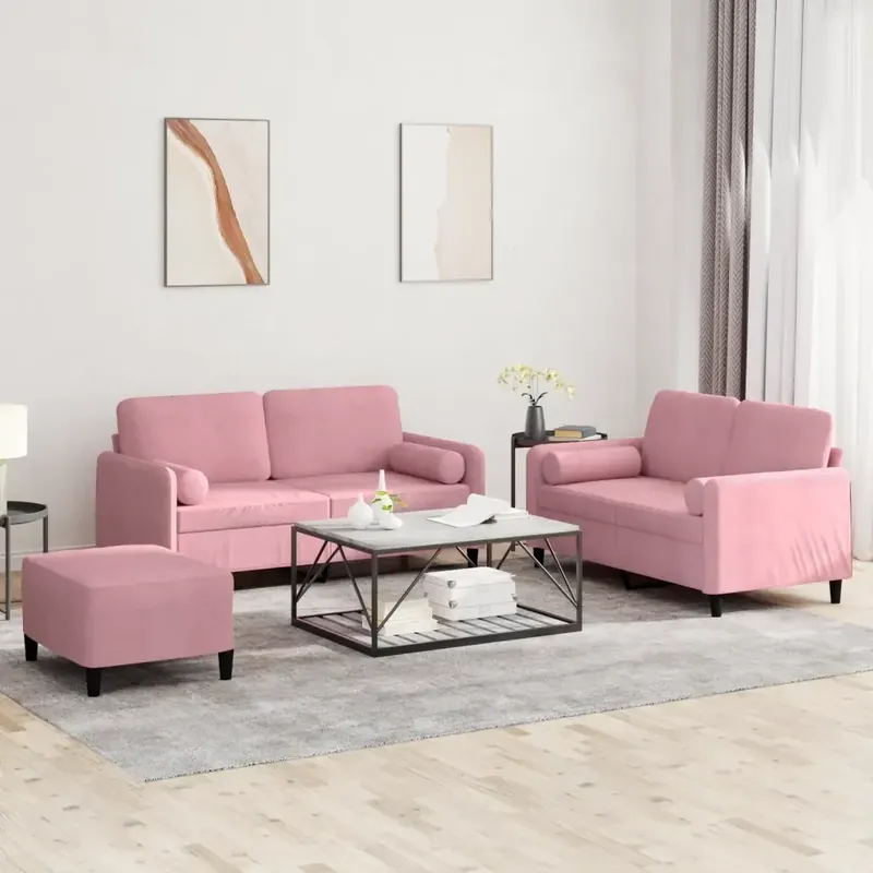 Promo Stagionale Set di Divani 3 pz con Cuscini Rosa in Velluto 3202007