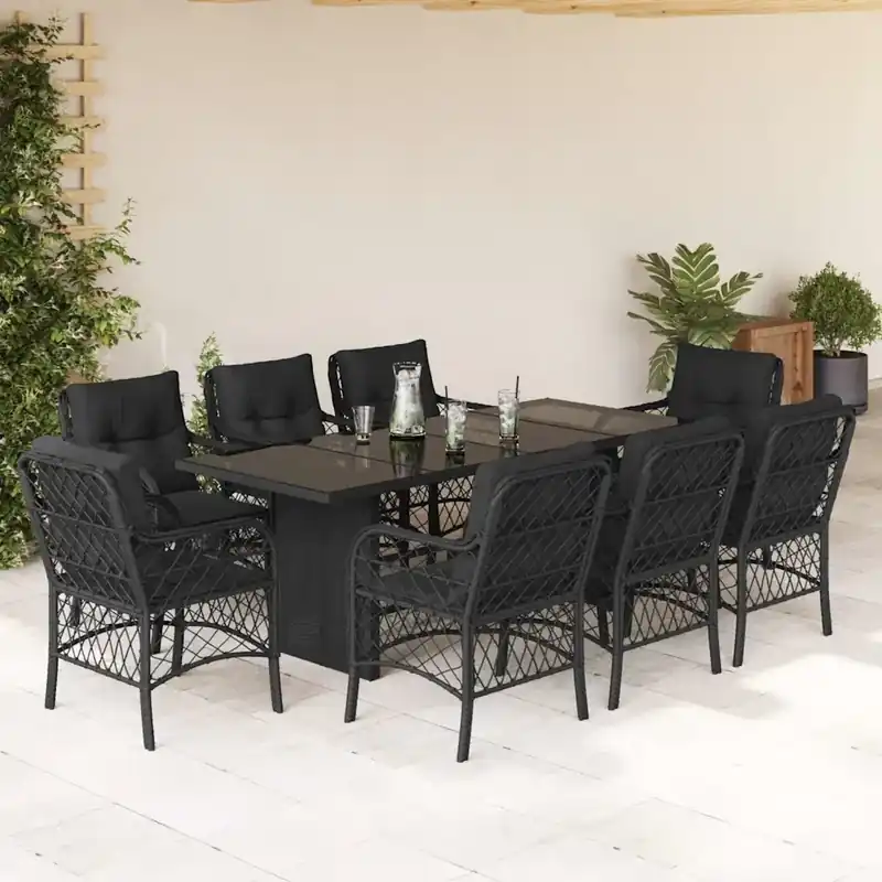Set da Pranzo da Giardino 9 pz con Cuscini Nero in Polyrattan Vendita Finale