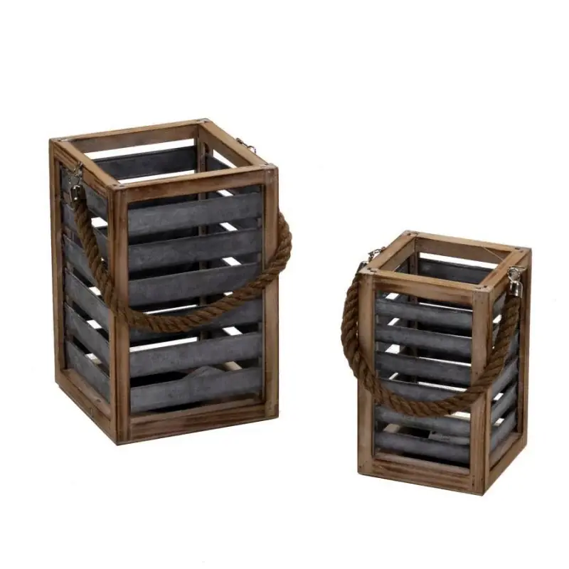 Quantità Limitata Lanterna legno 1-2 marrone con manico corda quadro cm19x19h28,5