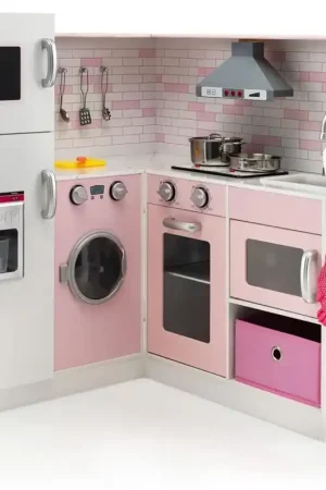 Cucina Giocattolo per Bambini in Legno, Mini Cucina Angolare per Bambini con Luci e Suoni Interattivi e Accessori per Cucina, Ideale per Bambini più di 3 Anni, Rosa Vendita Finale